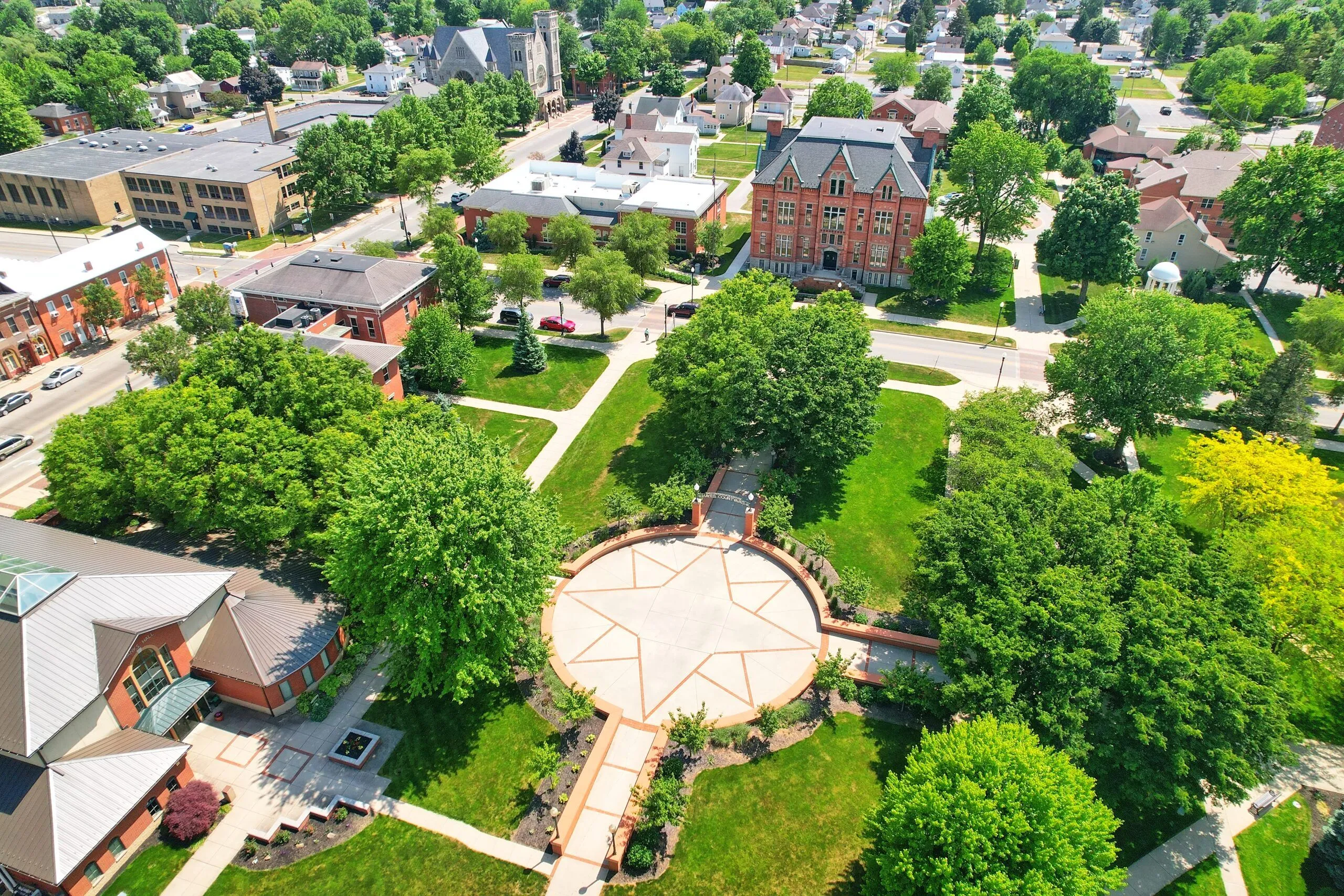a photo taken by a drone of hayes courtyard