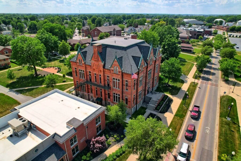 A photo taken by a drone of main classroom building