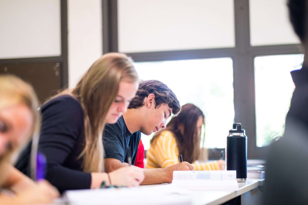college students doing assignment in class