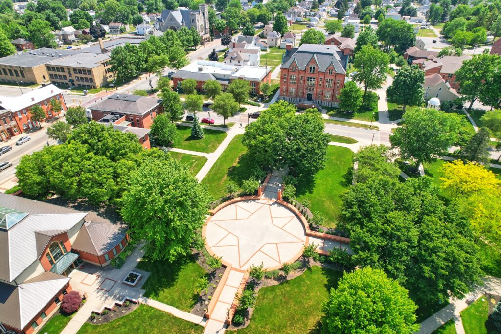 a photo taken by a drone of hayes courtyard