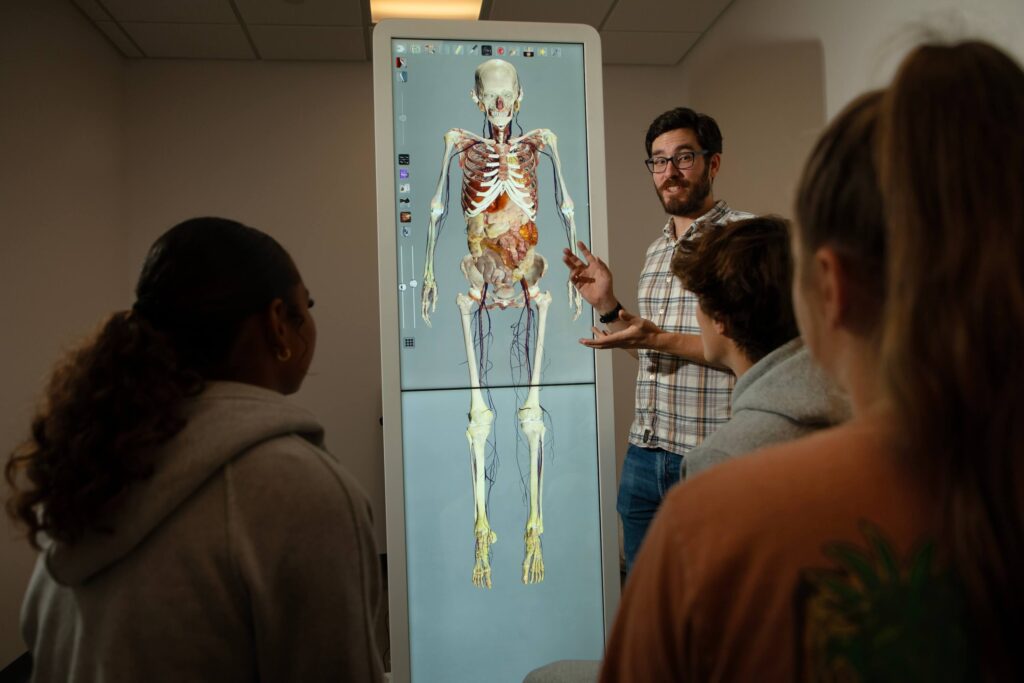 Professor giving a lecture to neuroscience degree and other healthcare students, showing an anatomage table