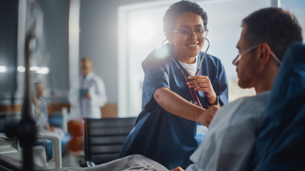 Bachelor's in nursing nurse checking a patient's heartbeat