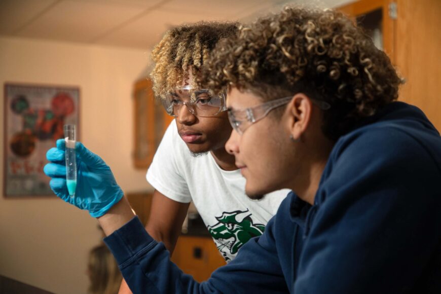students viewing test tube in chemistry lab